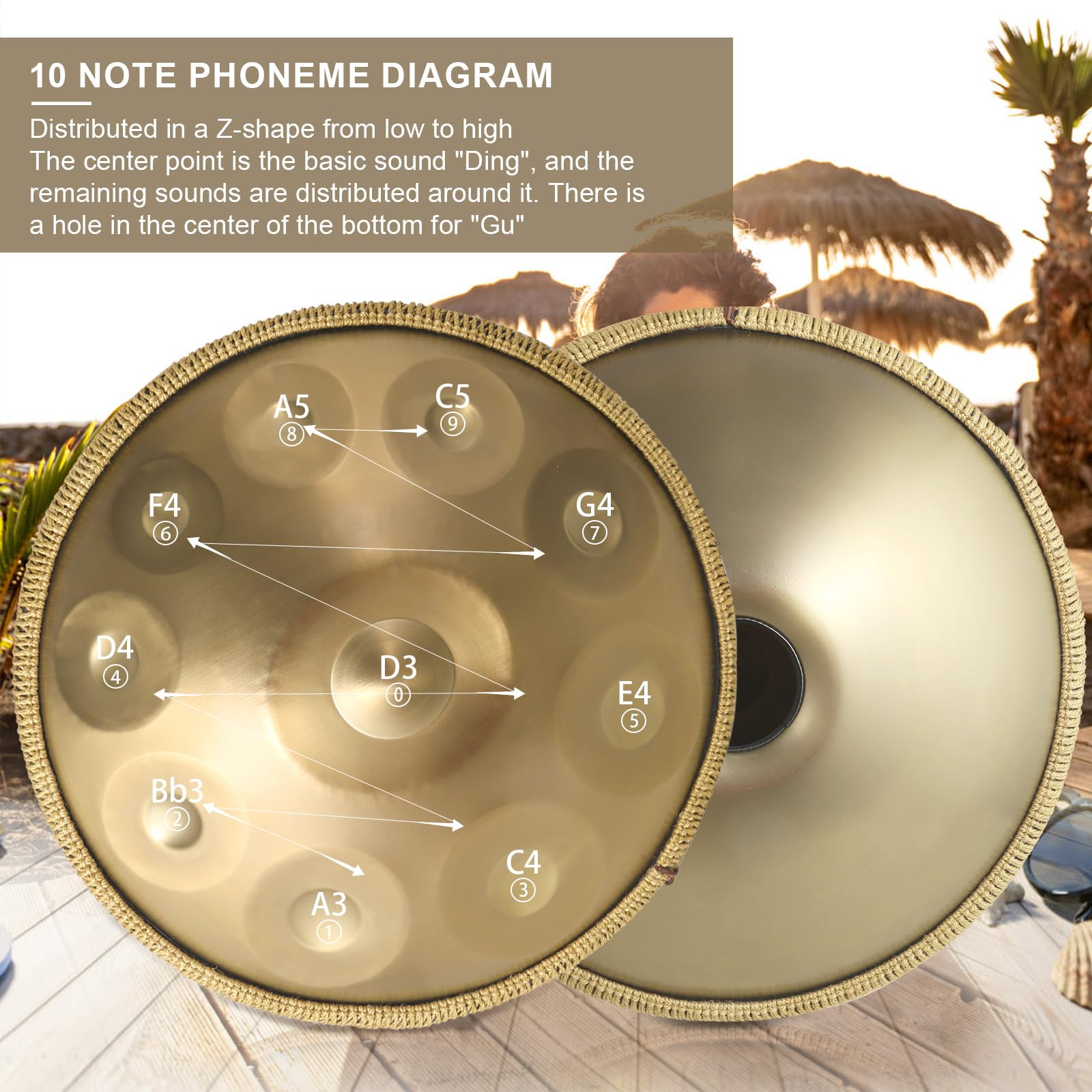 Handpan Instrument, 22 Zoll 9/10 Töne 440/432HZ Hand Pan Drum Steel Tongue Drum Zungentrommel für Yoga, Meditation mit Handtaschen Trommelstöcken, Trommelständer (10 Töne-440HZ)