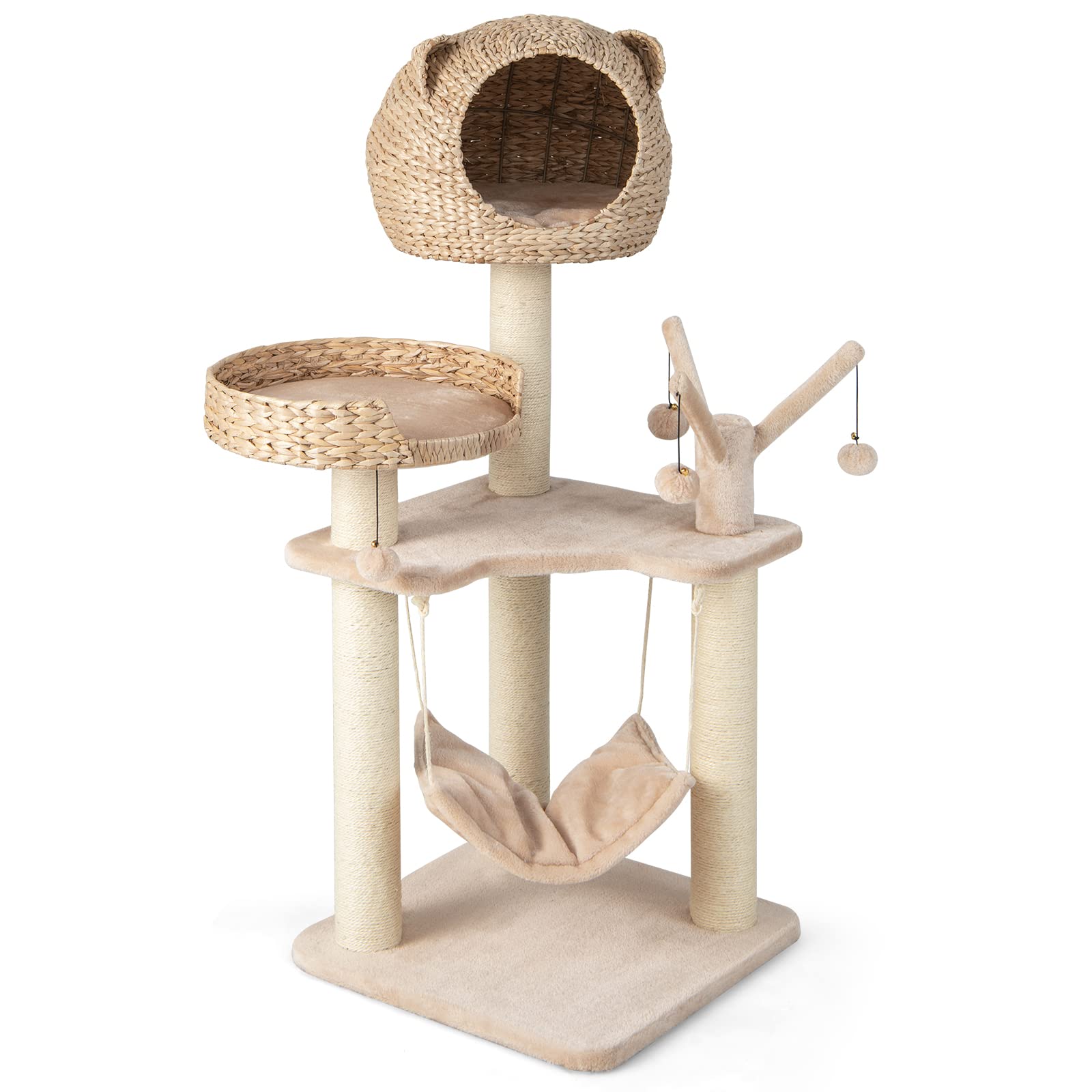 COSTWAY Cat Tree, Cats Climbing Tower with Sisal Scratching Post, Hammock and Hanging Balls, Hand-Made Cattail Cute Kitty Condo for Indoor