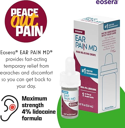 Miniatura 7 de Eosera Ear Pain MD® - Gotas para los oídos al 4% de lidocaína para un alivio máximo del dolor, tratamiento de acción rápida y adormecedora