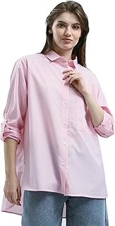 قميص عصري مخطط بأكمام طويلة وقصة مريحة للنساء بلون بينك من ريفين