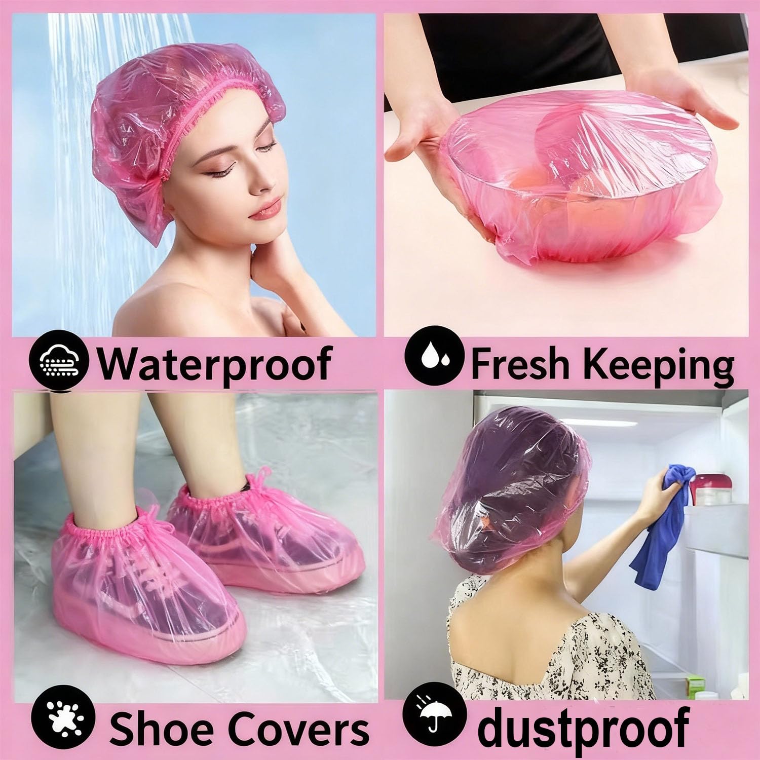 200 PCS Disposable Shower Caps Thickened Waterproof Hair Bath Caps for Women Men Girls Travel Spa Hotel Home Use Salon - Multi-Purpose Elastic Plastic Shower Caps, Essentials Accessories 18.1" (Pink)