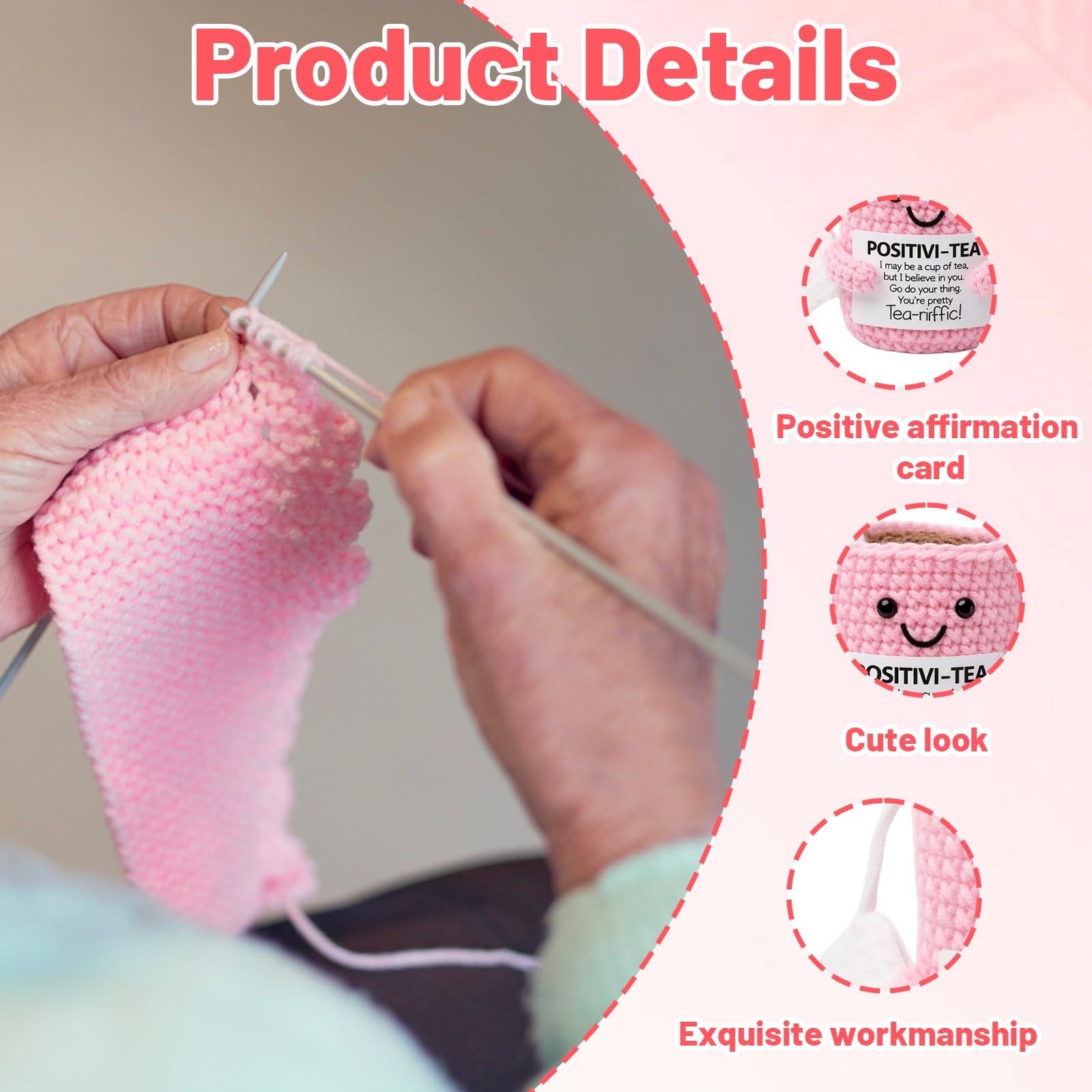 Gubilacrum Positive Crochet Animals, Emotional Support Crochet, Handmade Pink Knitted Mug Cosy - Image 3