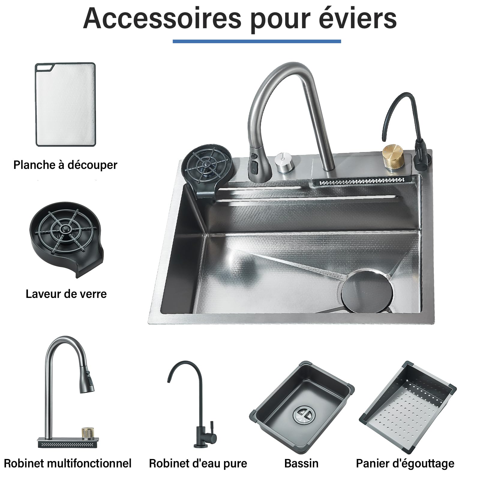 Lavello da cucina multifunzione con alta pressione, rubinetto estraibile e acqua pura risciacquo, 60 x 45 x 21 cm, automatico lavello 1 vassoio con scolapiatti
