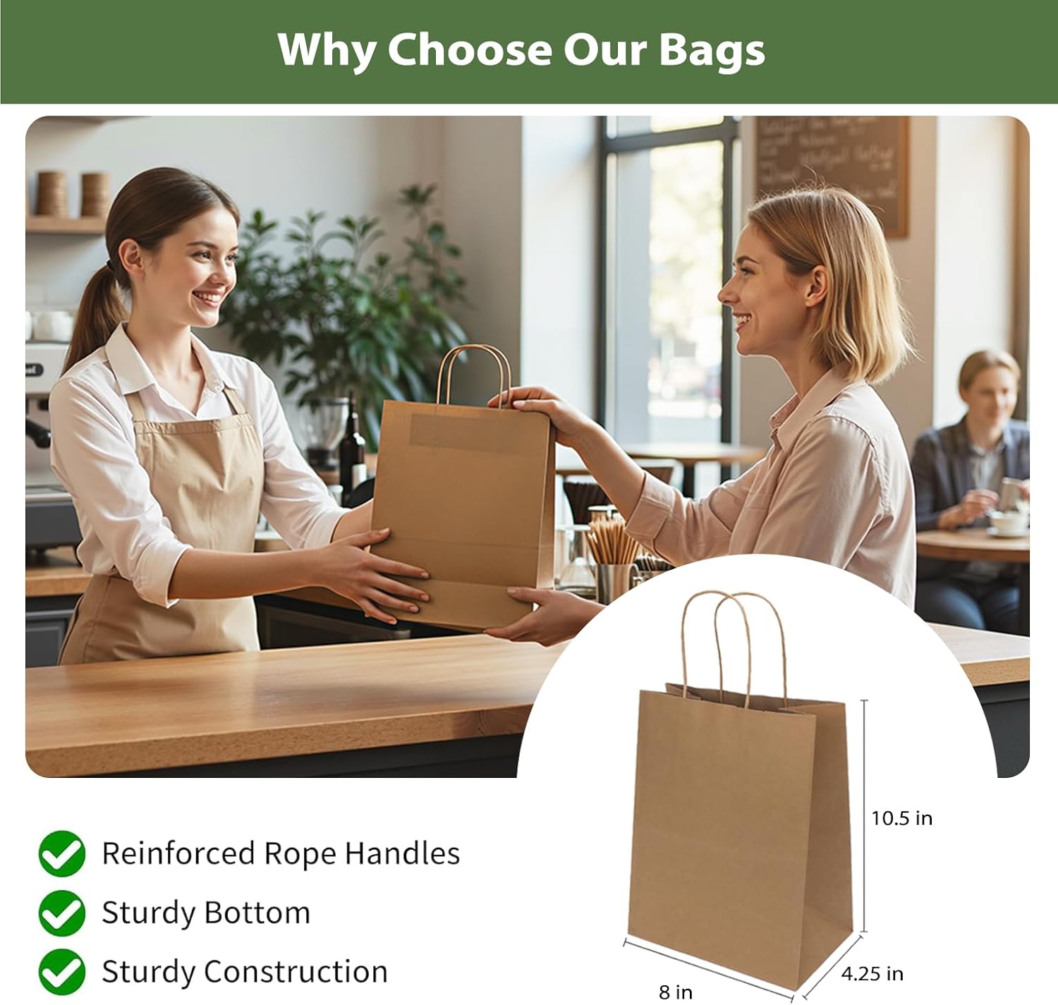 EwayEcos 100 Pack 10.5x8x4.25 Inch Brown Kraft Paper Bags with Handles Bulk for Wedding Birthday Party Favors Grocery Retail Shopping Business Goody Craft Gift Bags Sacks