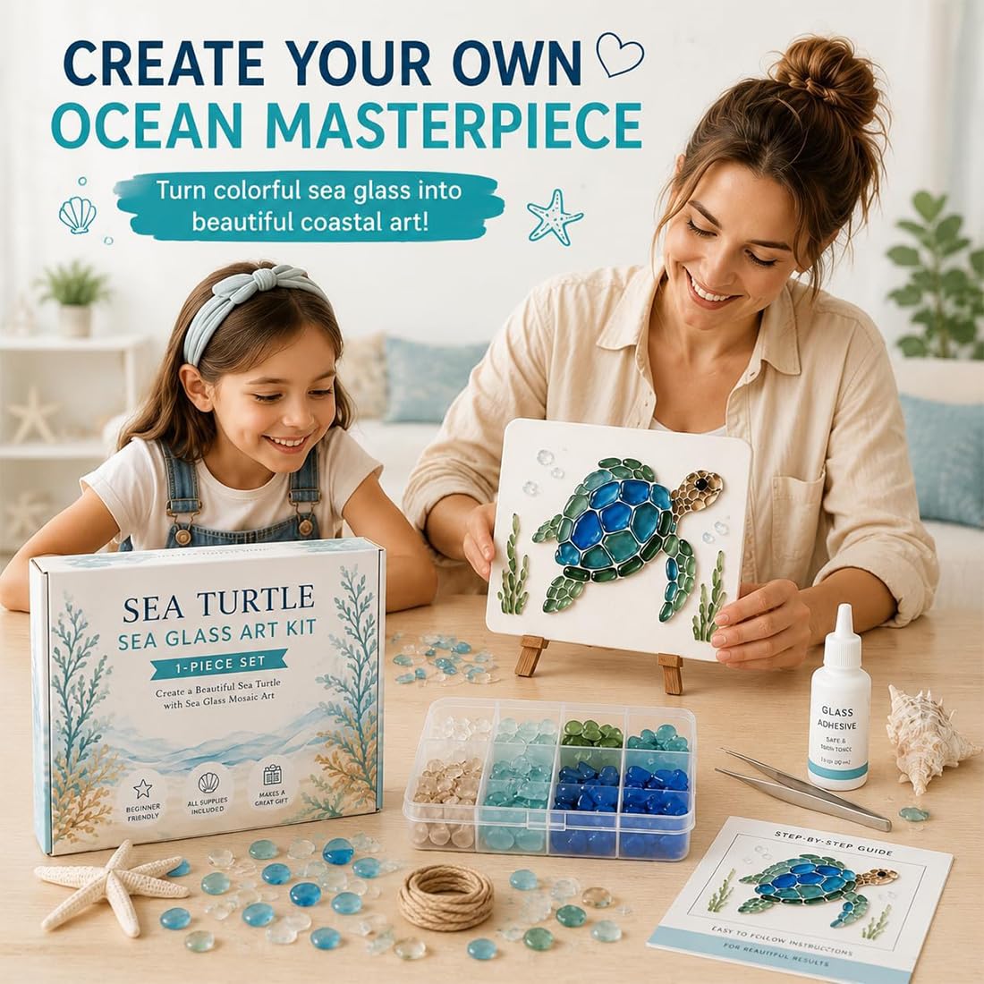 ELMVAR DIY-Set für Meerglas-Mosaikkunst, Set mit Meeresschildkröten-Motiv, Bastelset im Ozean-Design mit bunten Glasstücken (SetＡ)