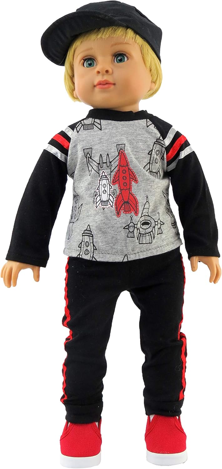 American Fashion World Boy’s Rocketship Long Sleeve Shirt and Pants Set for 18-Inch Dolls | Premium Quality & Trendy Design
