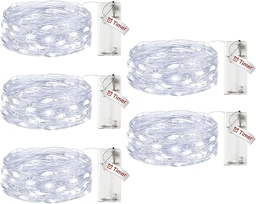 Miniatura 10 de Paquete de 10 guirnalda de luces que funcionan con pilas, con temporizador, tira de 20 luces LED de 7 pies, impermeable, alambre plateado, funciona