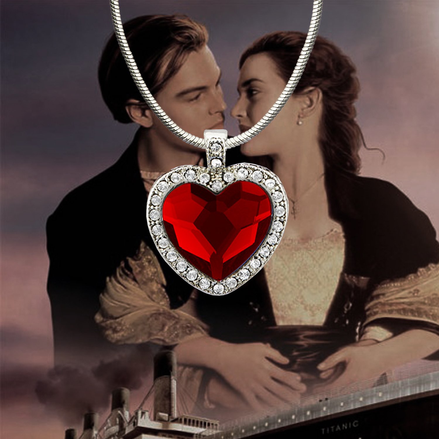 Rhodium Plated Red Heart Pendant with Crystals