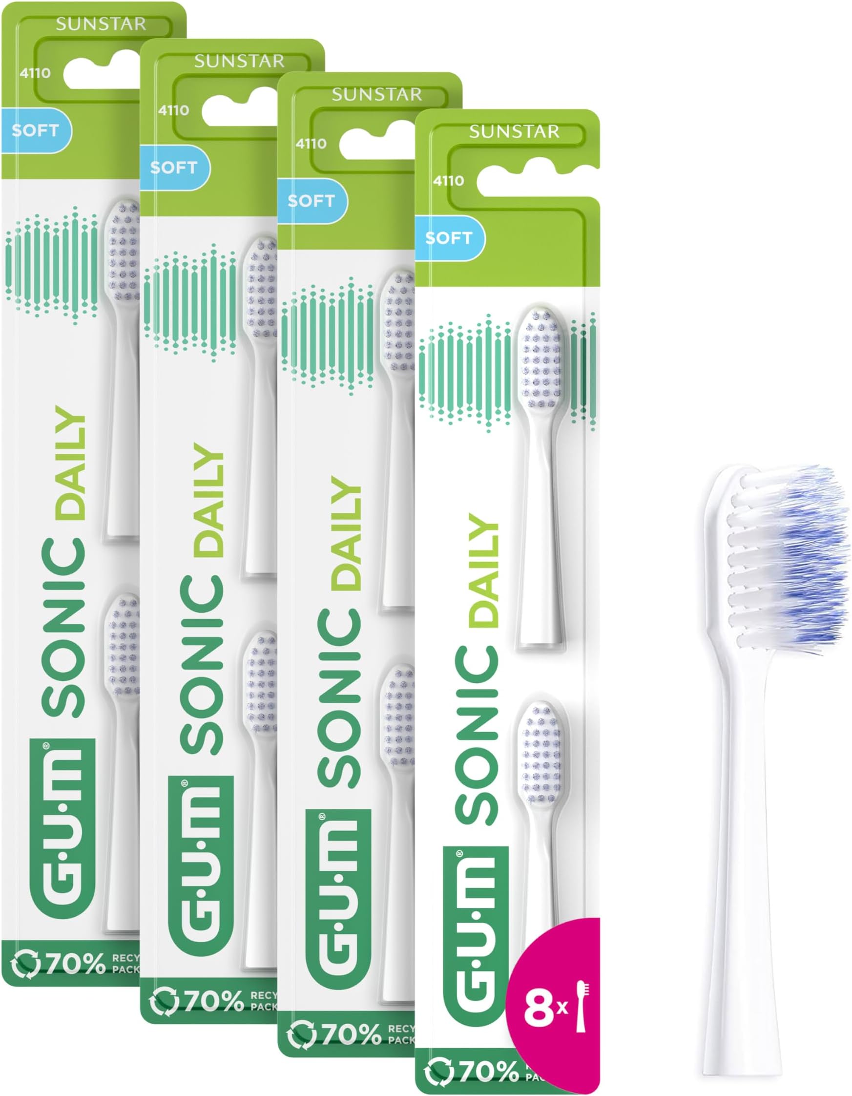 Sonic Daily Replacement Heads for Battery Powered Toothbrush | x4 Packs of 2 (x6 Refill Heads in Total) | Black