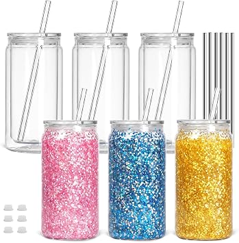 16 oz Plastic Snow Globe Tumbler, Double Wall Snowglobe Tumbler with Pre Drilled Hole Clear Acrylic Cups with Lids and Straws for Iced Coffee Boba Juice Soda 6 Pack