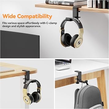 Headphone Hanger Holder Stand-Under Desk Headphone Hanger, Headset Hook Holder Space-Saving Aluminum Stand with Universal Fit for Gaming PC Accessories (Black-1PCS)