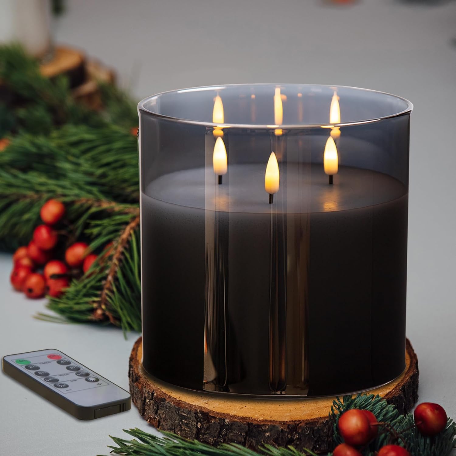 Eywamage 3 Wick Grey Glass Flameless LED Pillar Candles with Remote