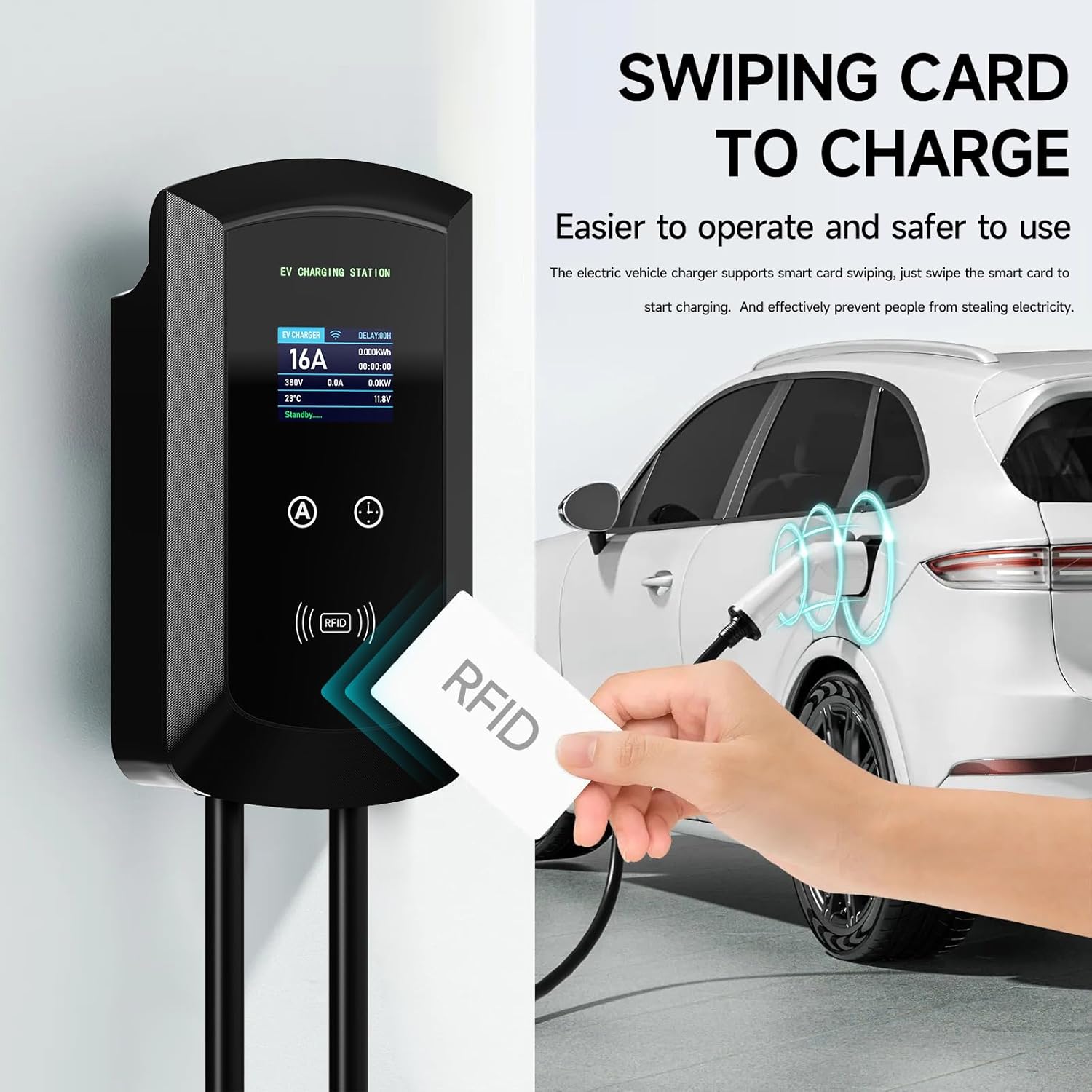Hand swiping an RFID card over the EV charging station to initiate charging.
