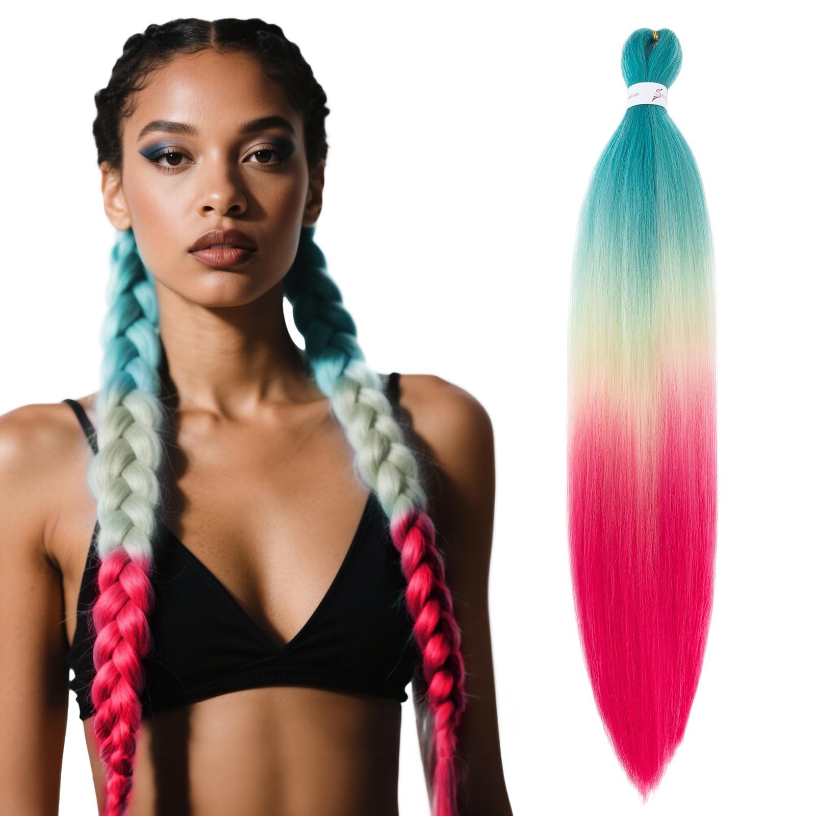 S-noilite Long EZ Braids Pre-Stretched Easy Braiding Hair Extensions for Crochet Box Twist Braids Ombre Yaki Texture Synthetic Hair Hot Water Setting,26 Inch 1Pack 90g,Green to Blonde Rose Red