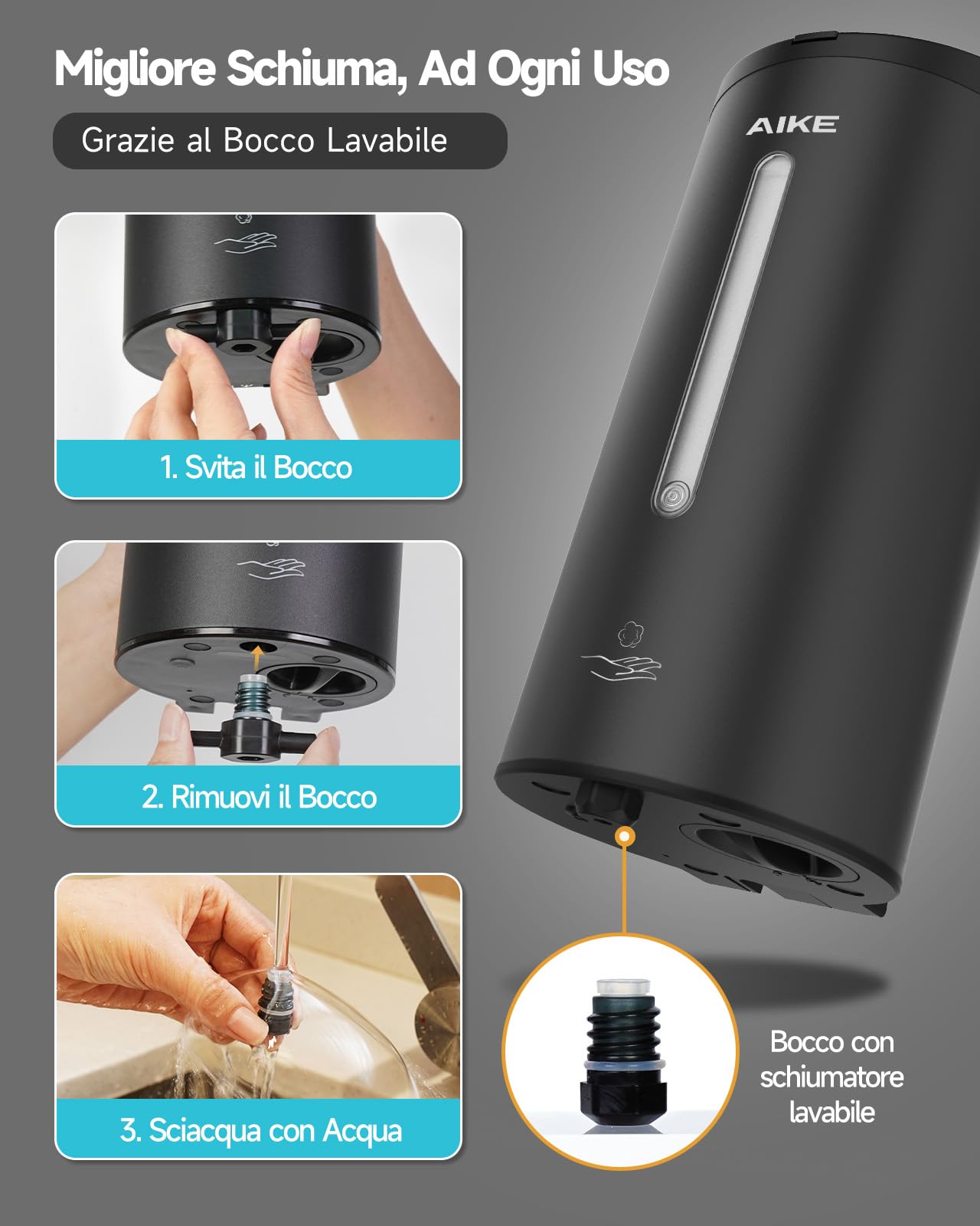 AIKE FoamCore Dispenser Sapone Schiuma Automatico, a Parete per Uso Commerciale, 750ML Acciaio Inossidabile per Sapone Mani Schiumogeno (Acciaio inox nero)