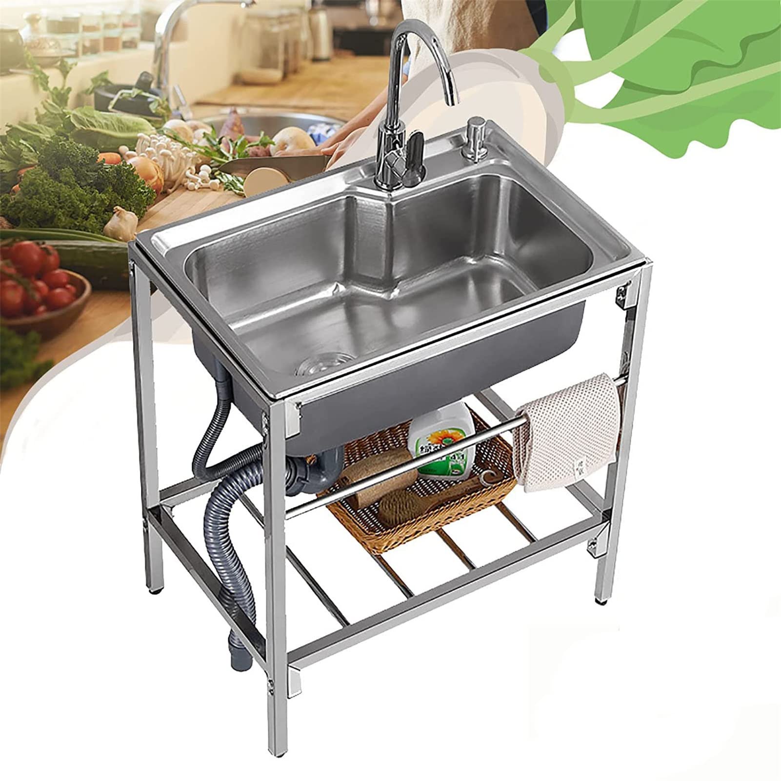 CZYWKDDPP Handmade Sink Stainless Steel Kitchen with Tap Hot and Cold, 1 Compartment Garage Underbar Laundry Farmhouse Cafe Shop Hospital