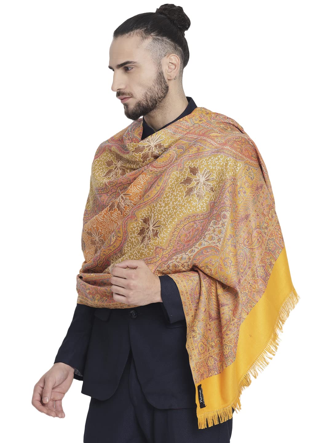 pashtush Mens Jamawar Stole with Hand Aari Embroidery, Silky Threadwork - Soft-picture-33