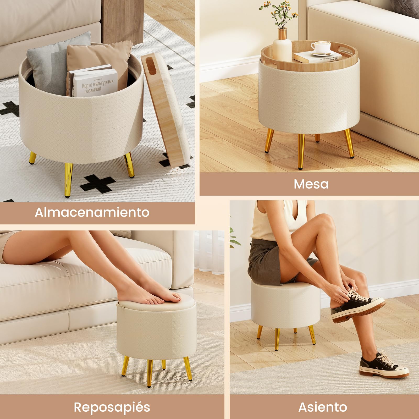 COSTWAY Juego de 2 Puff Almacenaje 23L + 6L, Taburete Tocador Redondo de Piel Sintética con Bandejas de Tapa Abatible, Patas Metálicas Doradas, Mesita Auxiliar y Reposapies en uno para Entrada, Salón
