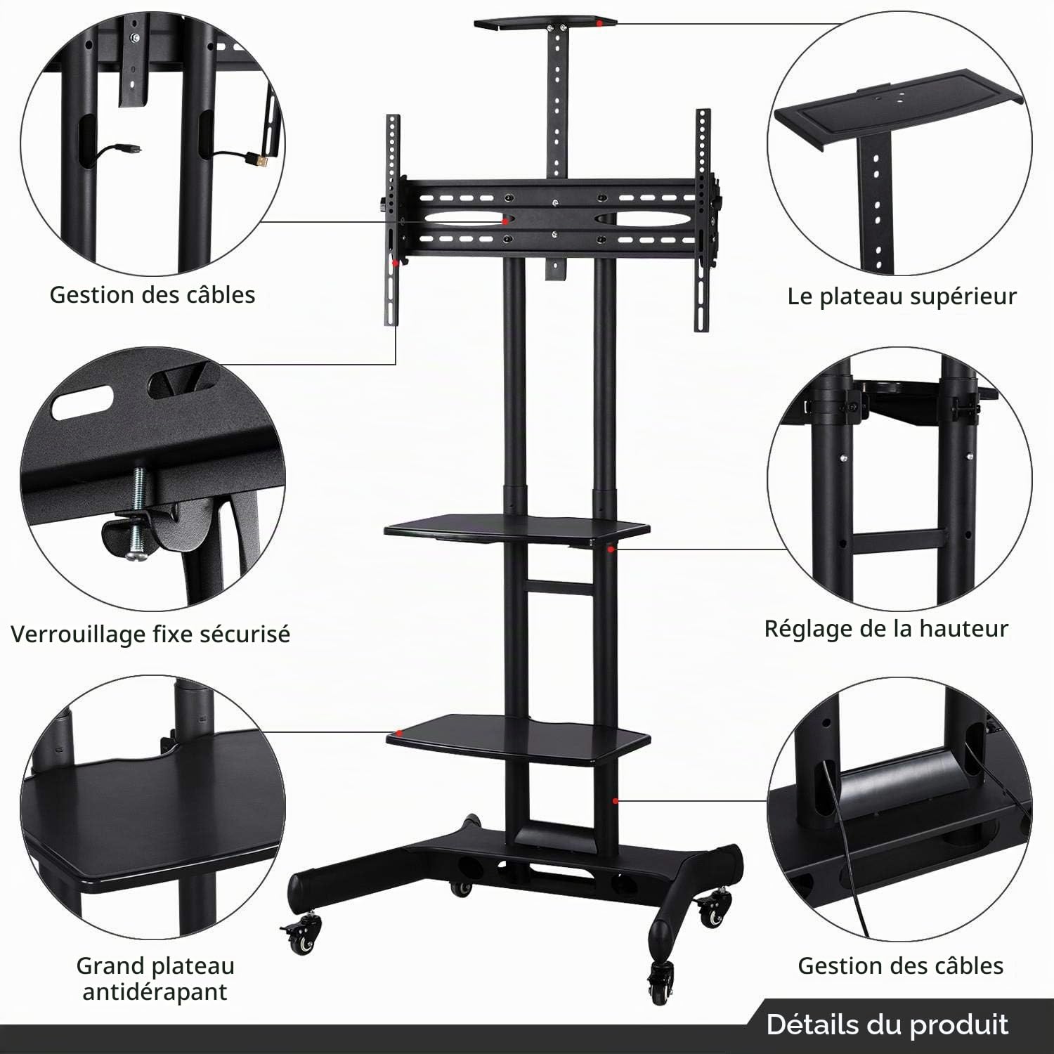 Yaheetech Support TV sur Pied Meuble TV Pied Universel Mobile avec 3 Etagères, Support à 2 Barre, Hauteur Réglable pour 32 à 75 Pouce écrans/LCD/LED/Plasma Max VESA 600x400 mm