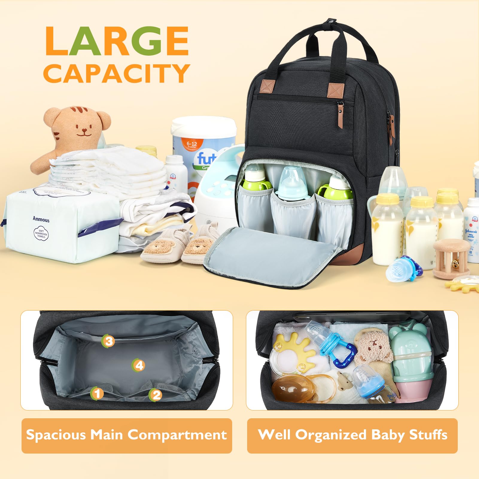 mommore Diaper Bag Backpack Large Travel Diaper Bags Unisex Baby Bag with Changing Pad, Stroller Straps : Baby