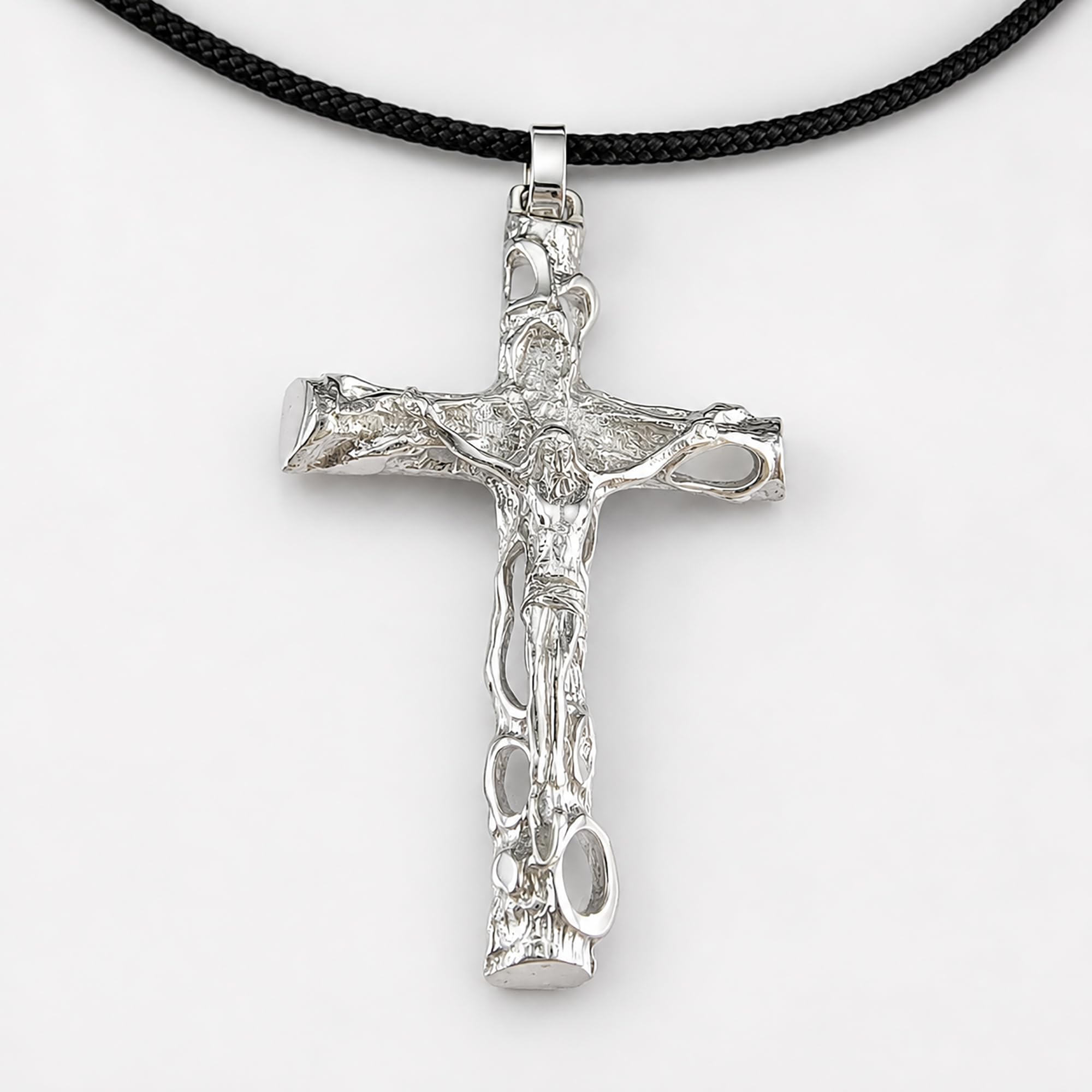 Gioielli Aurum Collana con Croce Crocifisso in Argento 925 e Cordino Nero, Ciondolo Religioso Uomo Donna, Design Lavorato