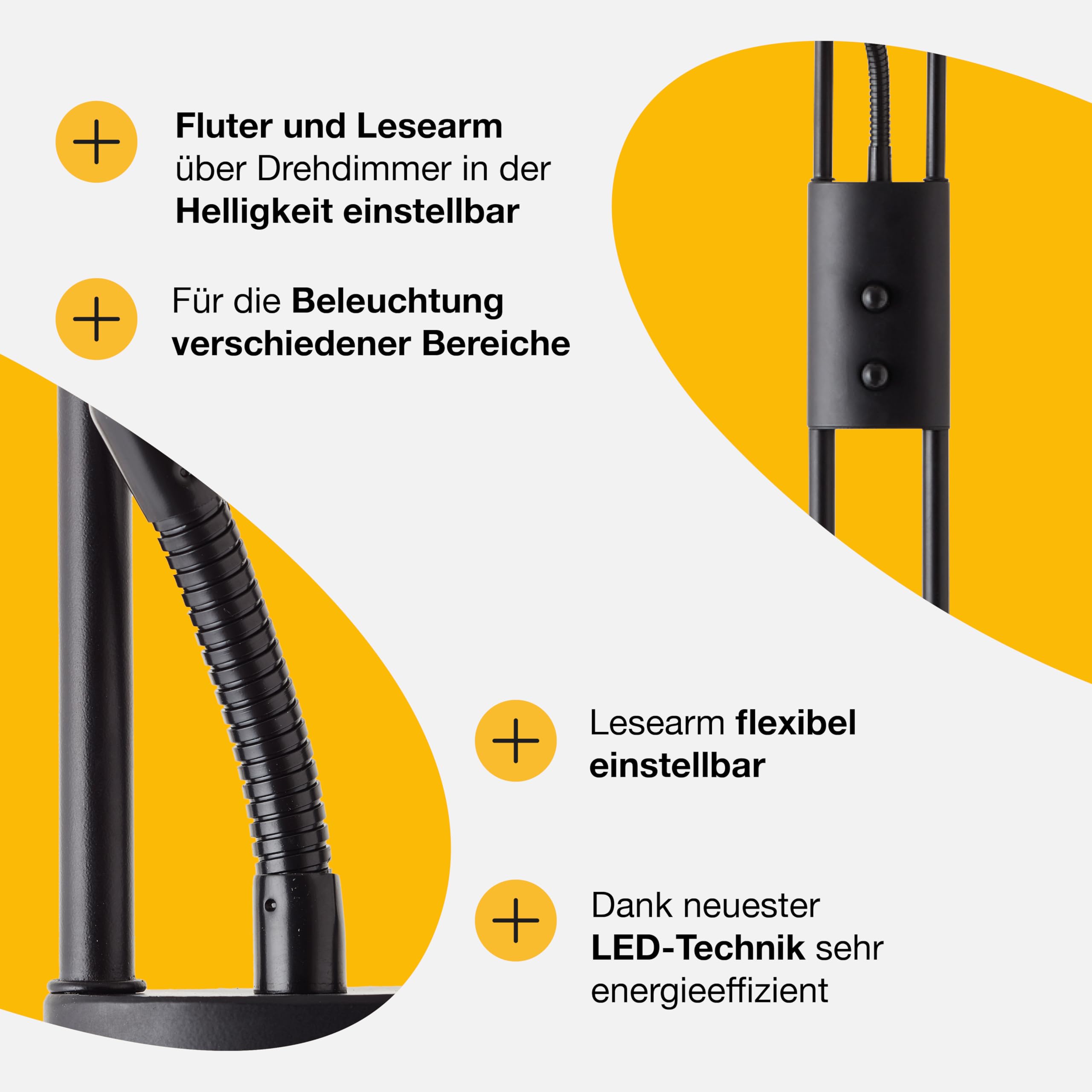 Brilliant Finn LED Deckenfluter Lesearm schwarz, Metall/Glas, 1x LED integriert (SMD), 26 W, (Lichtstrom: 2500lm, Lichtfarbe: 3000K) | Stehlampe mit Drehdimmer fürs Wohnzimmer und die Leseecke, modernes, schlankes Standleuchten-Design