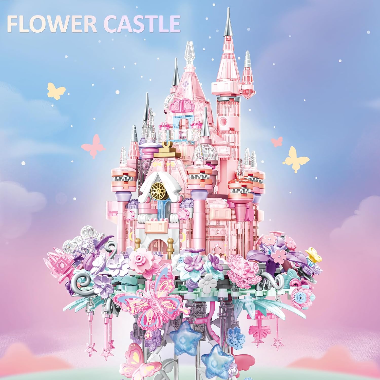 MEIEST Flower Castle Building Blocks Set,Dream Castle On a Cloud Particle Construction Building Bricks Toy,Flowers Butterfly Star Castle Home Decoration