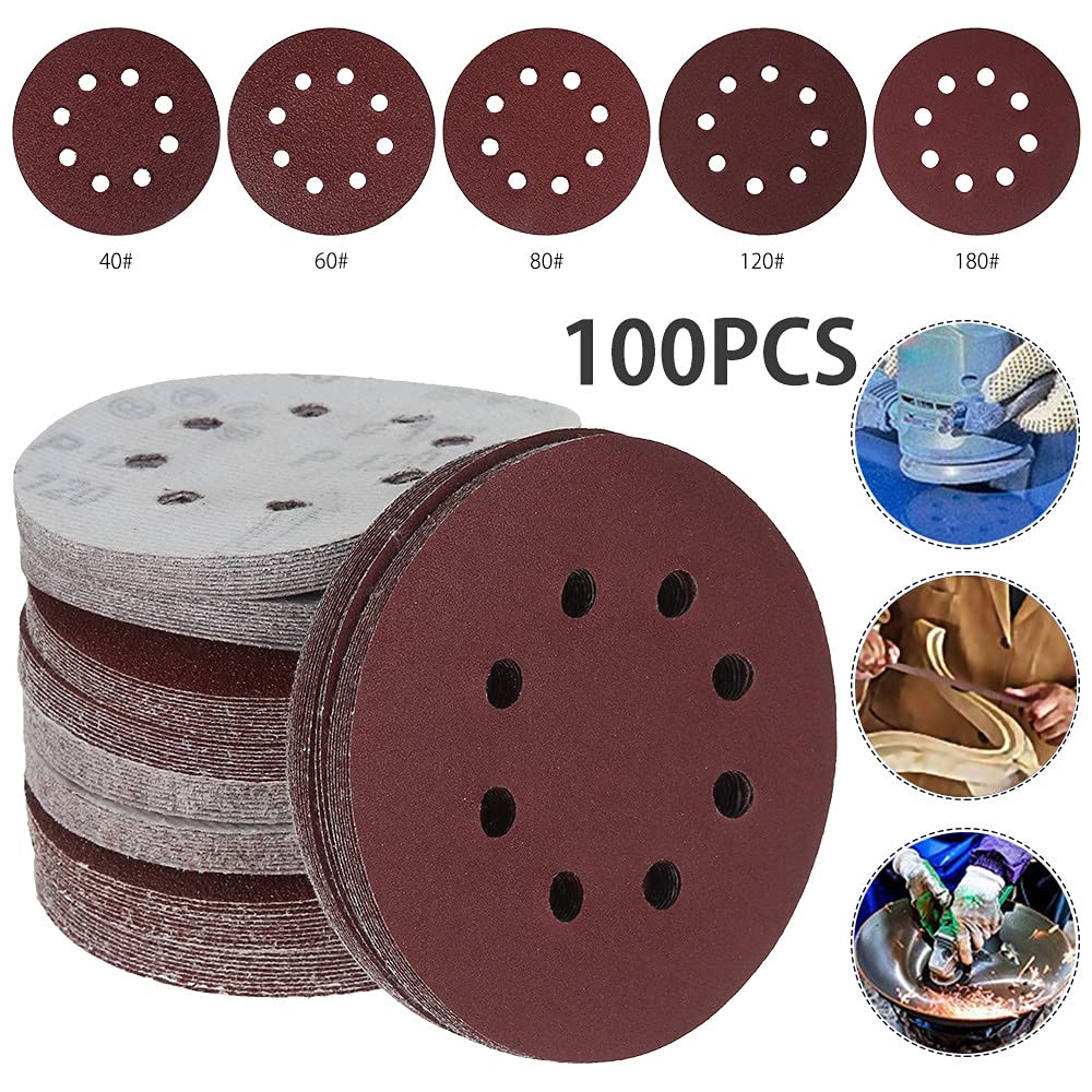 Papel de Lija 100 Piezas 5 "125 mm Rueda de molienda Redondo Papel de Lija Ocho Agujero Rueda de molienda 40-180 Grit Sandfaper Mechando DISCOLUCIÓN DE MUESTRADAS Y PULIDOS