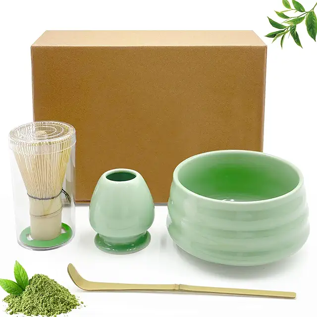 Kit de Cerámica Matcha 4 Piezas - Cuenco, Batidor, Espátula y Escobillero