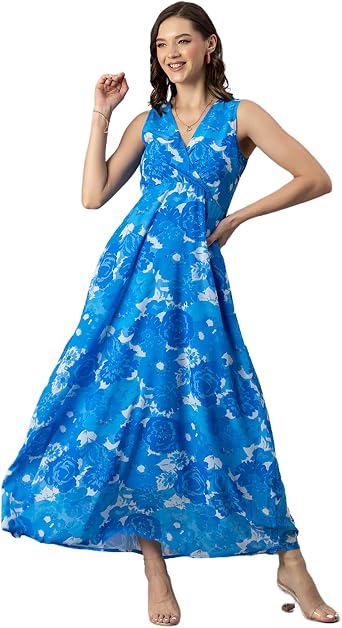 Moomaya Womens Printed Sleeveless Maxi Dress, V-Neck Party wear, Flared Resort Dress