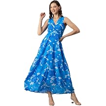 Moomaya Womens Printed Sleeveless Maxi Dress, V-Neck Party wear, Flared Resort Dress