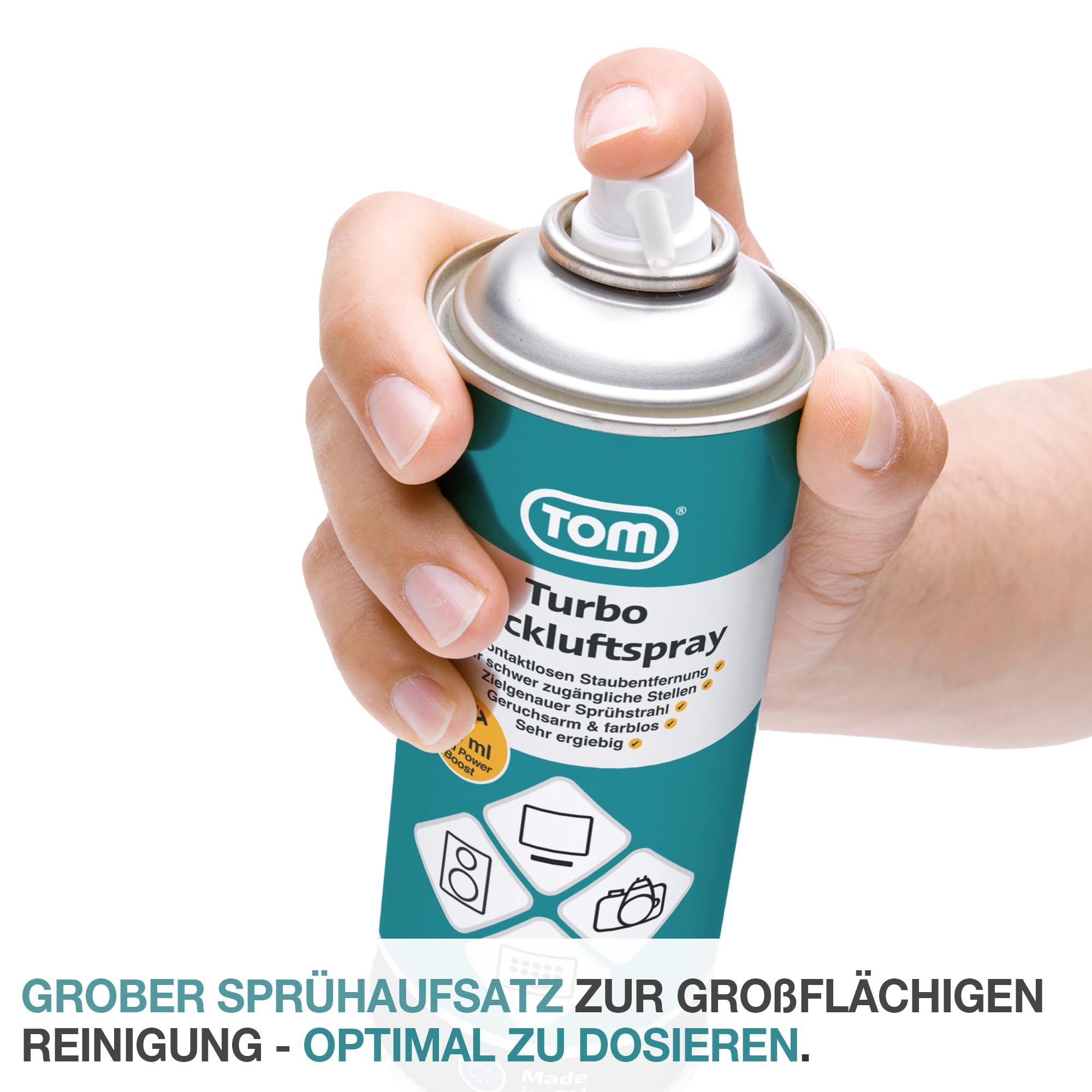 TOM 3 x oder 6 x 420 ml Power Druckluftspray – Air Duster – Reinigungsset mit 10 cm & 50 cm Sprühverlängerung – Druckluft aus der Dose – Reiniger für Tastatur, Laptop, Computer & co (6)