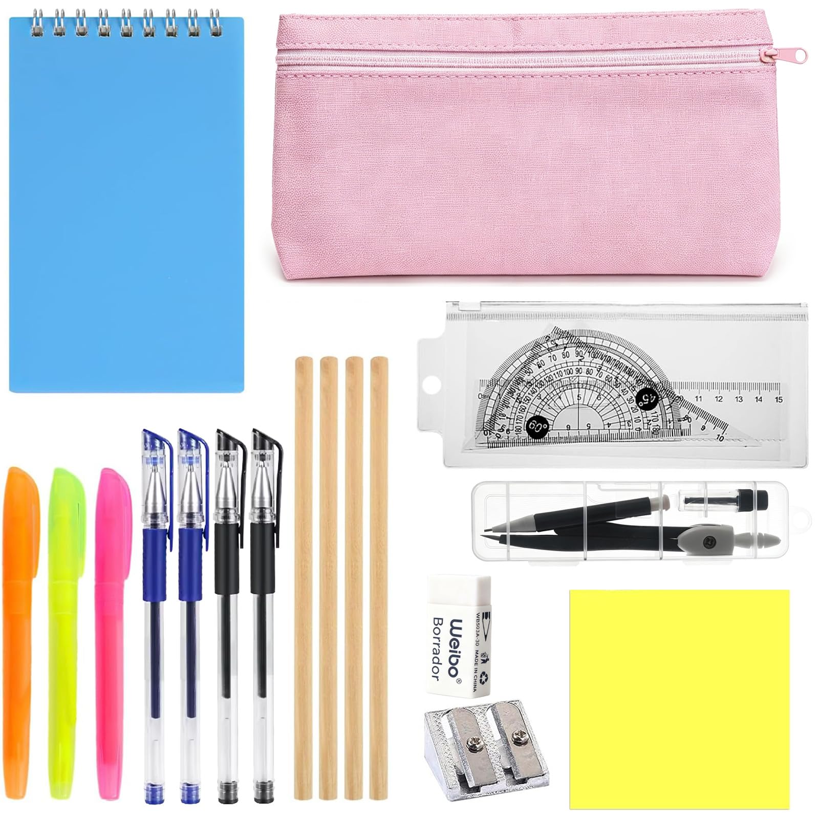 Yunvisty Stationary Setschool Stationery Set Geometry Compass Set with Pencil, Pencil Holder, Pen Refills, Ruler, Protractor, Eraser, Note Pad, and Mechanical Pencils for Students