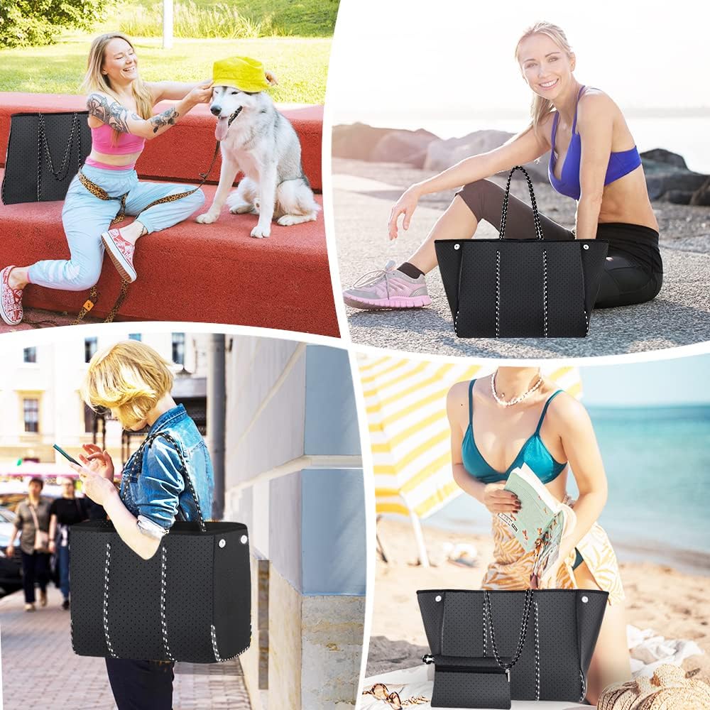 Neoprene Tote Bag, Beach Bag Waterproof Sandproof, Tote Bag for Women, Large Tote Bag with Portable Wallet for Beach, Swimming, Gym bag, Travel bag （Black)