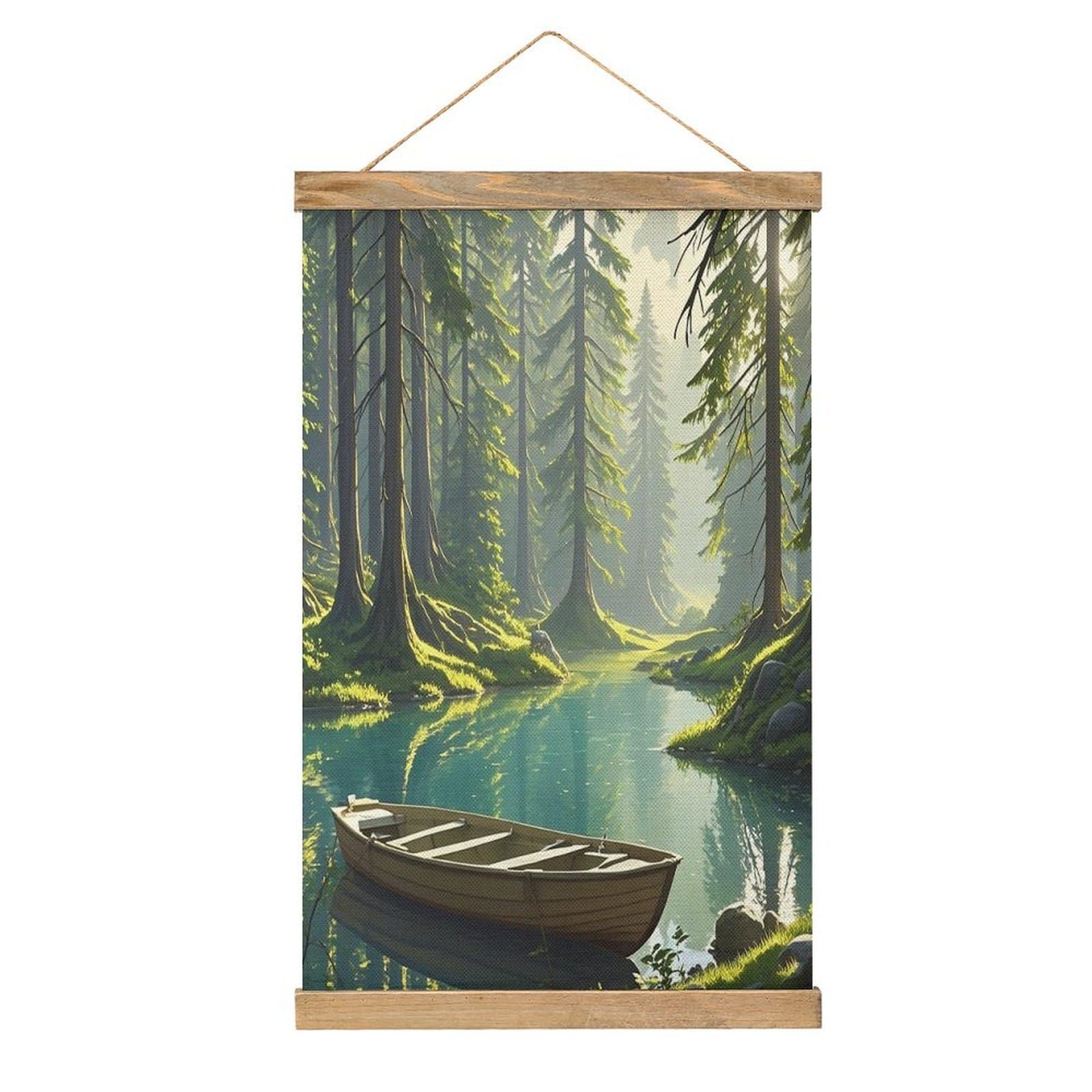 VstaDank Forest Lake Hanging Poster with Wooden Frame Modern Linen Hanging Painting Retro Style Wall Decor Art Painting for Living Room,Bedroom Decor Poster Frame 20.4x13.1inch
