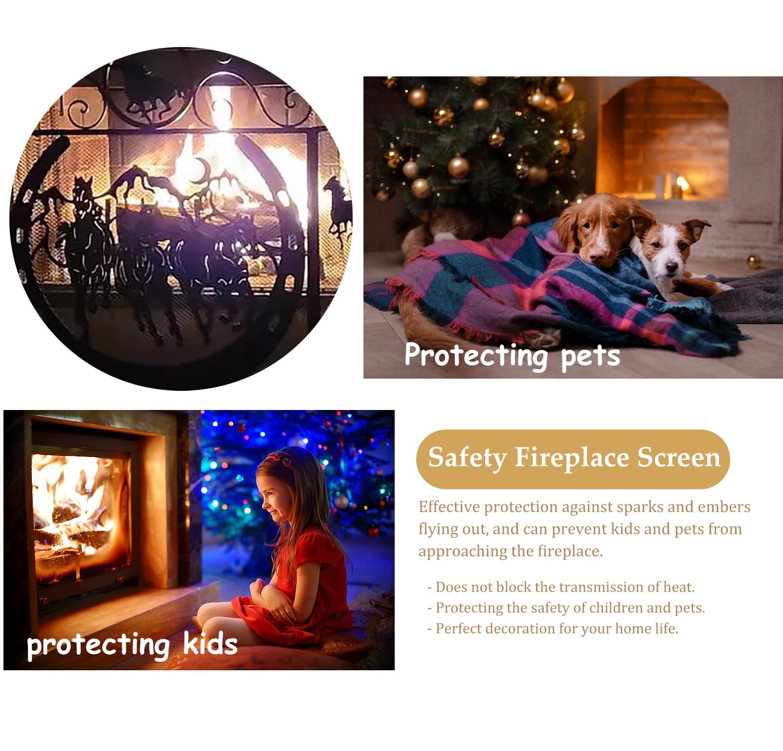 Salvachispas Chimenea Malla Protectora Plegable de 3 Paneles para Estufa de Leña, Puerta Protectora Plegable para Chimenea con Diseño de Caballos, Barrera Protectora de Hierro Forjado para Chimenea