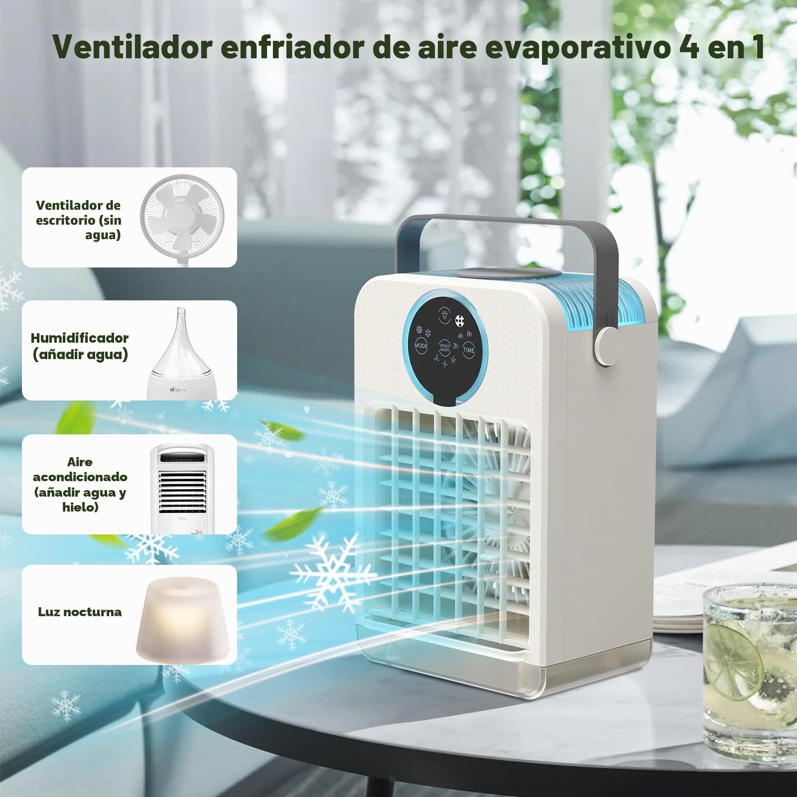Aire Acondicionado Portátil con Control Remoto, Mini Enfriador de Aire con 2-8H Temporizador, 3 Velocidades de Ventilador, 2 Modos de Nebulización, 700ML Climatizador Evaporativo para Hogar