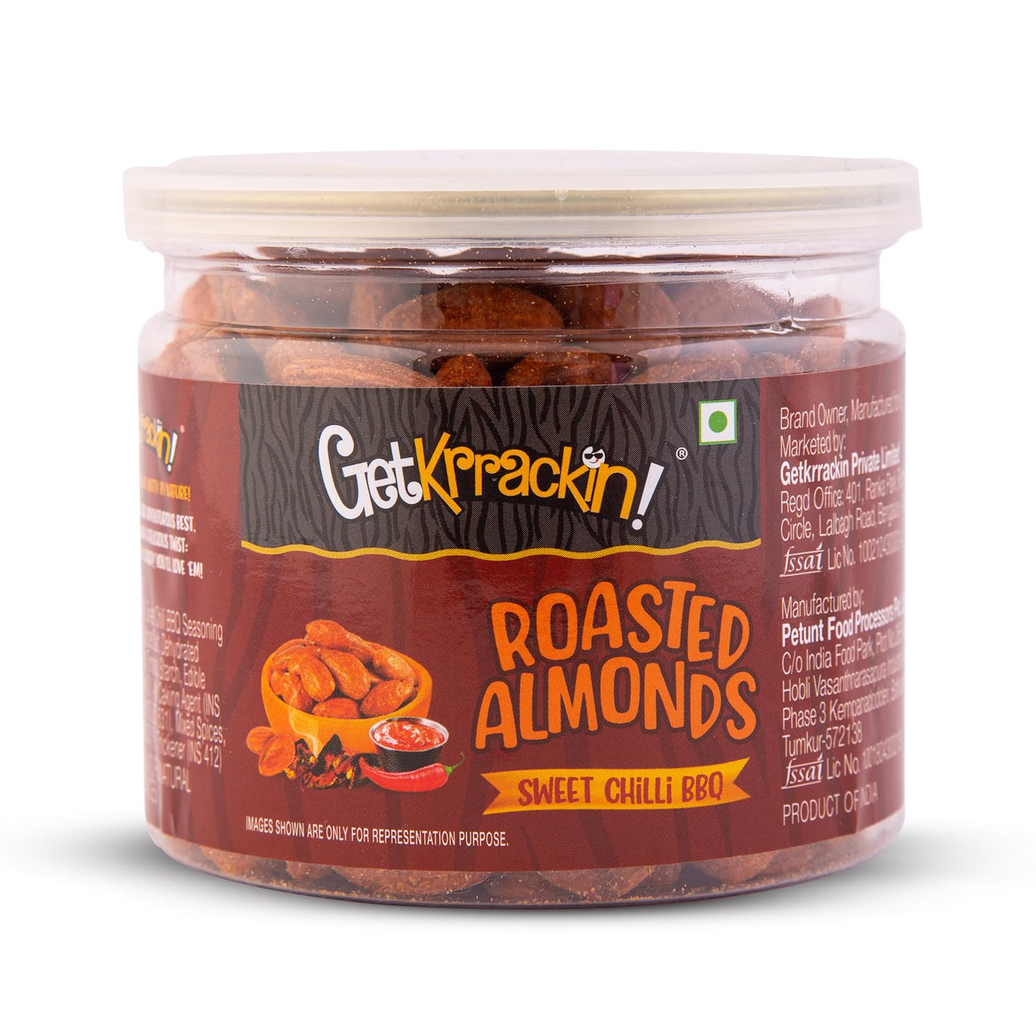 GetKrrackin! Sweet Chilli BBQ Almond Nuts - 200g Jar | Roasted Spicy Masala Badam | Zero Oil, Not Fried | 100% Californian Almonds | Ready to Eat Snacks | Rich in Protein and Dietary Fiber