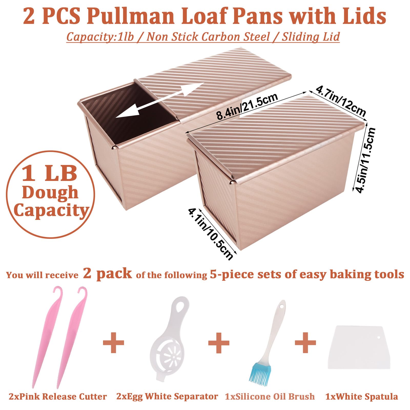 Acrux7 Paquete de 2 moldes para pan con tapa, capacidad de masa de 1 libra antiadherentes para hornear pan, caja de pan corrugado de acero al carbono con tapa para hornear pan, con juego de