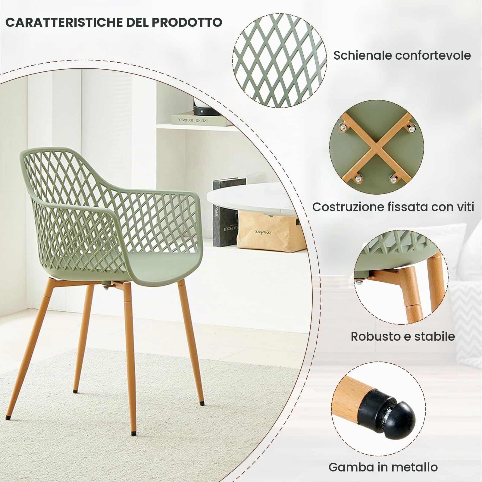Set da pranzo rotondo con 4 sedie, tavolo da giardino rotondo per giardino, balcone, terrazza, tavolo Ø 60 cm + 4 poltrone grigio-verde