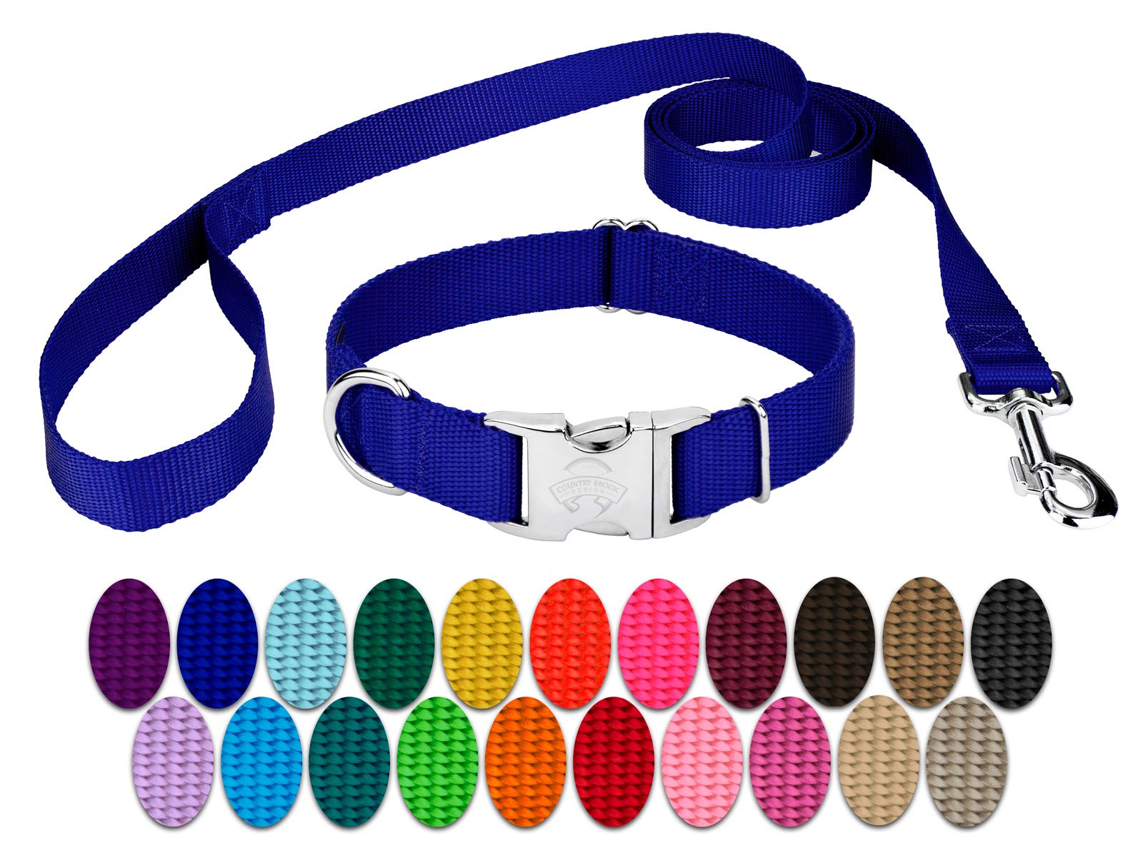 Country Brook Petz Premium Nylon Dog Collar and Leash Set for Small Medium Large Dogs - Vibrant 30+ Color Selection (Medium, 3/4 Inch, Bright Royal Blue)