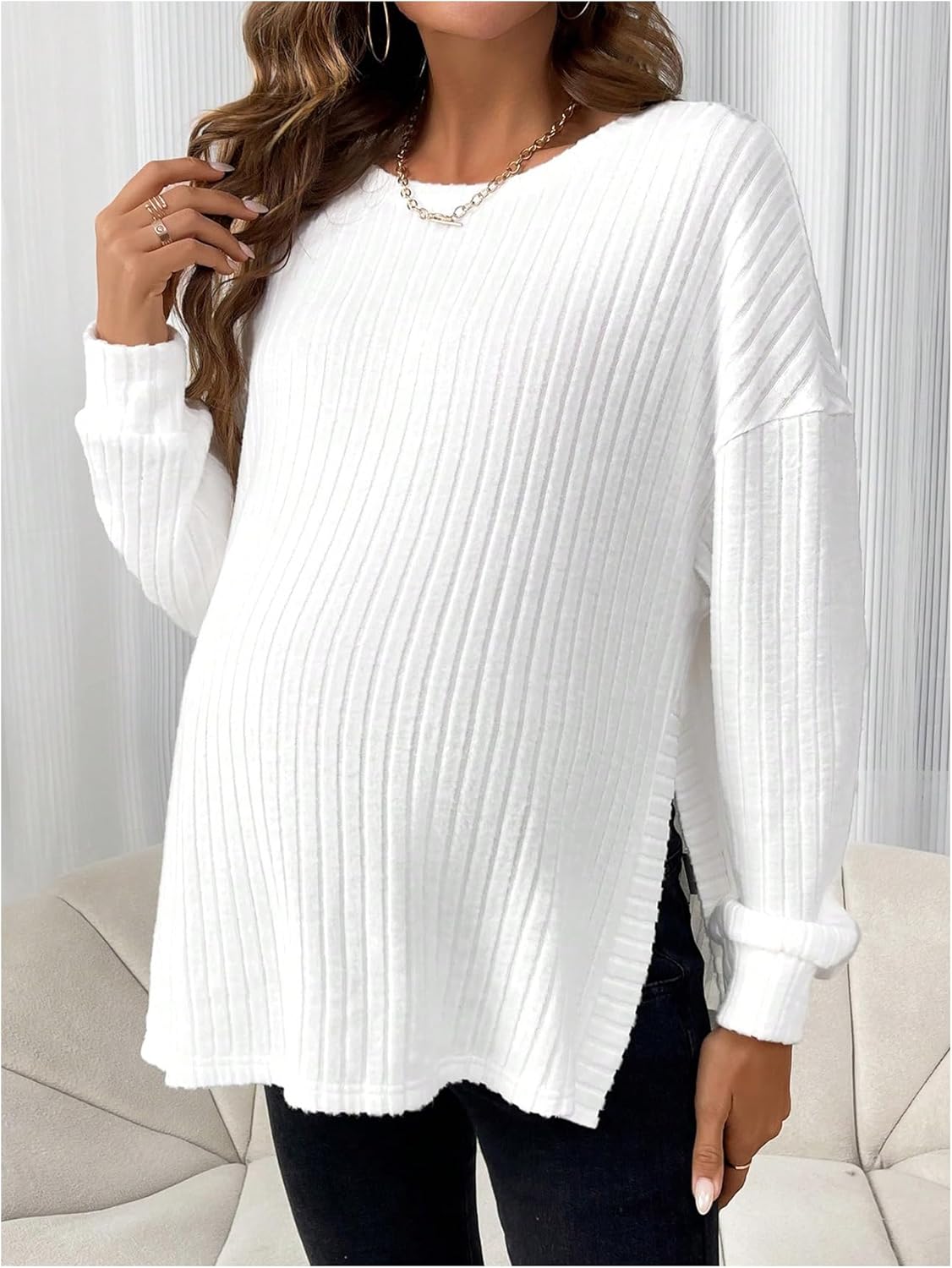 MakeMeChic Women's Maternity Tee Shirt Long Sleeve Round Neck Split Hem Rib Knitted Pregnancy Tops - Image 6