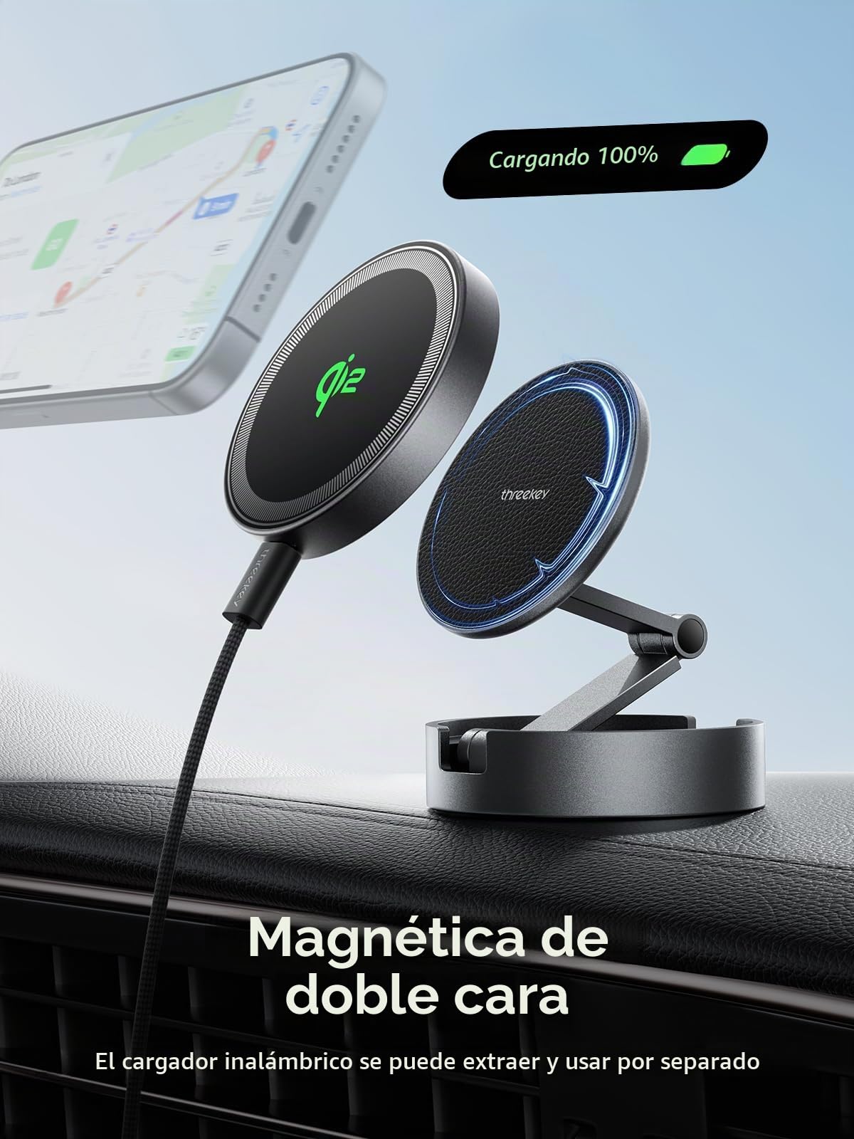 THREEKEY Cargador Inalámbrico Coche, Qi2 15W para Magsafe Soporte Magnético Móvil con Brazo Largo y Rotación 360°, Compatible iPhone 16/15/14/13/12 Series & Galaxy S25 Ultra, Negro