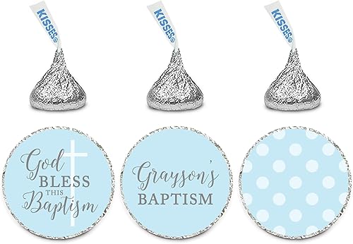 Miniatura 1 de Andaz Press Colección de bautismo de niño azul y gris, trío de etiquetas de gota de chocolate personalizadas, paquete de 216, nombre personalizado,