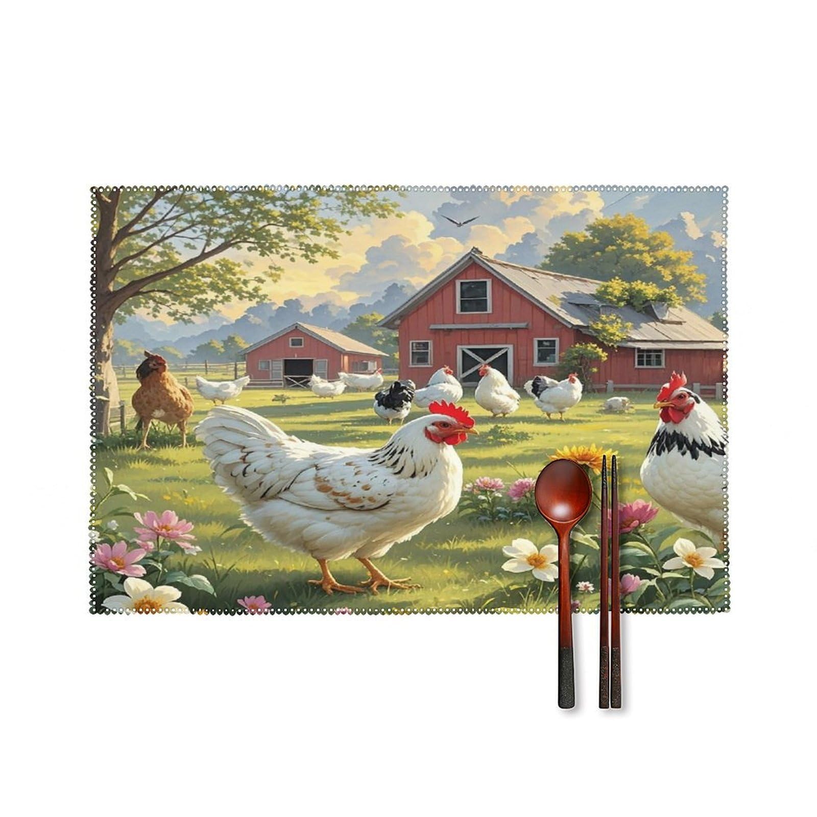 Chickens and Farm Placemats Set of 6 Heat Resistant Non-Slip Place Mats Washable Wipeable Table Mats Elegant Farmhouse Placemat for Kitchen Dining Outdoor Party Table Decor
