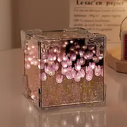 keeda Luminária de Tulipa Cubo Acabado Espelho LED Artesanal Simulada Tulipa Luminária de Mesa DIY Cubo Mágico Criativo Espelho Luz Noturna Lâmpada Tulipa para Dia dos Namorados Aniversário (roxo,