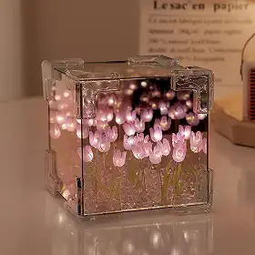 keeda Luminária de Tulipa Cubo Acabado Espelho LED Artesanal Simulada Tulipa Luminária de Mesa DIY Cubo Mágico Criativo Espelho Luz Noturna Lâmpada Tulipa para Dia dos Namorados Aniversário (roxo,