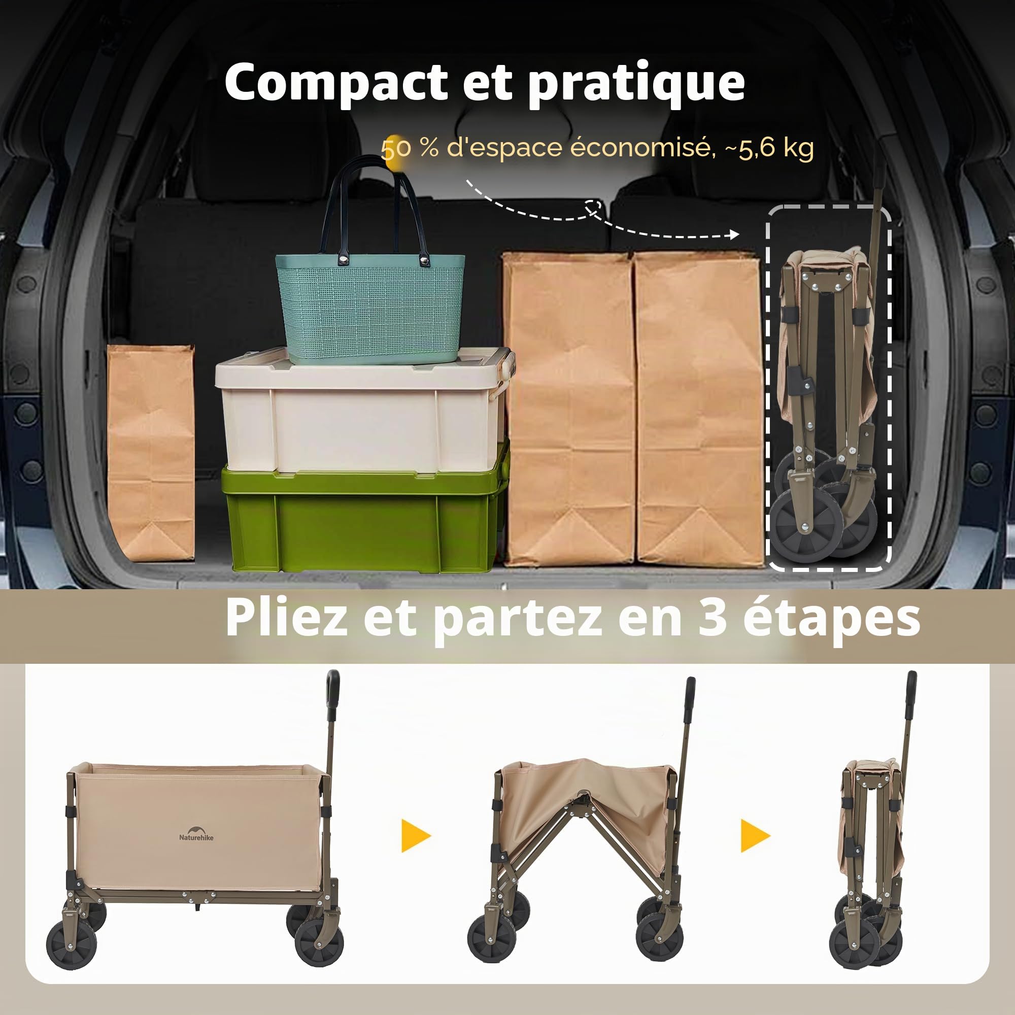 Naturehike Chariot à Main Pliable Charge maximale 120 kg Très Grande capacité en Plein air Pliable avec Chariot réglable pour Le Camping, Le Shopping, la Plage
