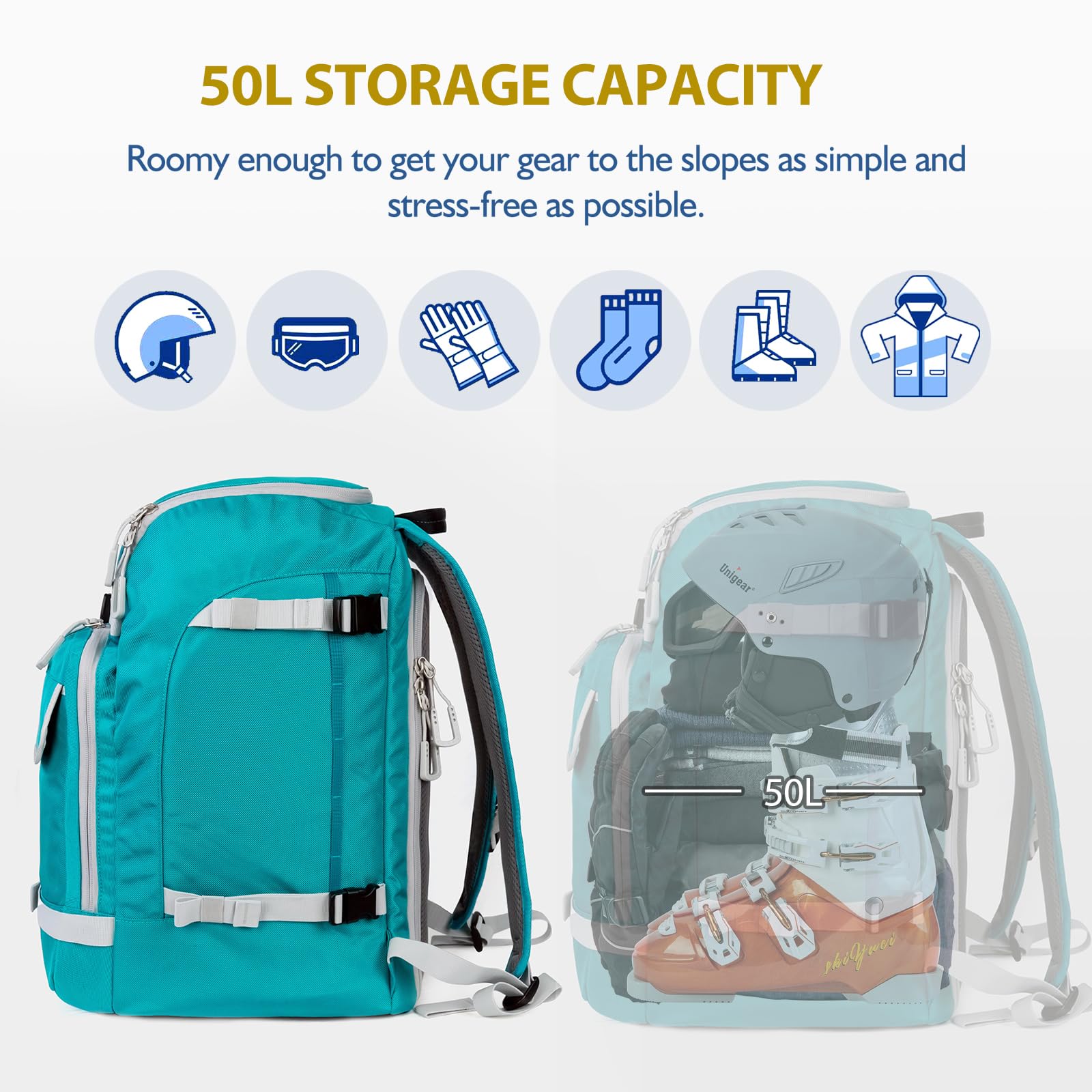 Unigear Borse per Scarponi Sci, 50L/70L Zaino per Scarponi da Sci Snowboard con Sistema Molle Negozio Attrezzatura Inclusa Scarpe, Giacca, Casco, Occhiali, Guanti, Scarponi da Neve