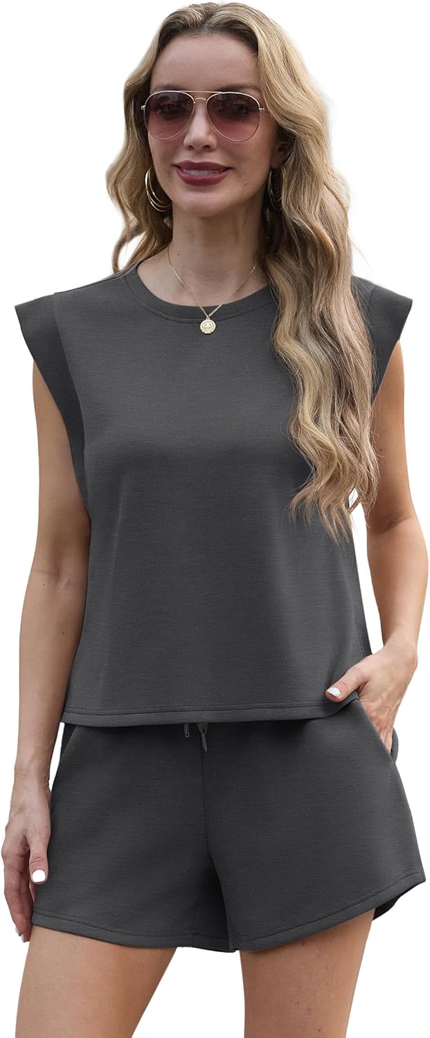 GRECERELLE 2026 Women's Summer 2 Piece Outfits Round Neck Cap Sleeve Top with Pocket Short Sets - Image 5